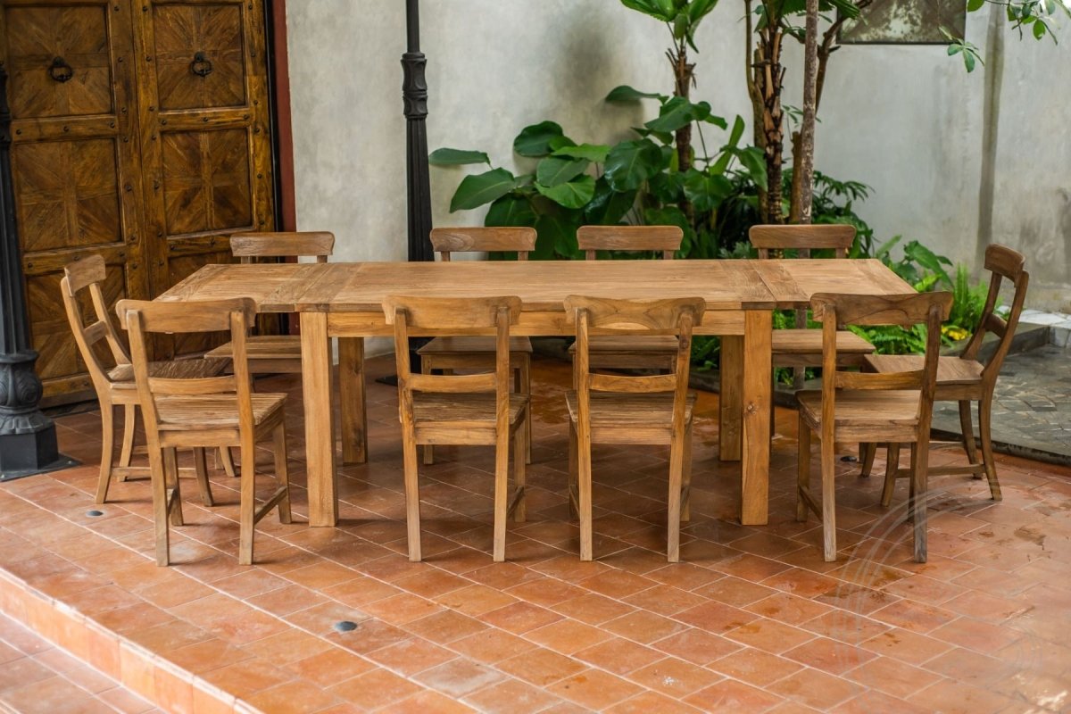 Extendable teak table set 160 + 10 chairs