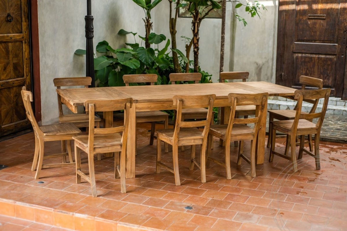 Extendable teak table set 160 + 10 chairs
