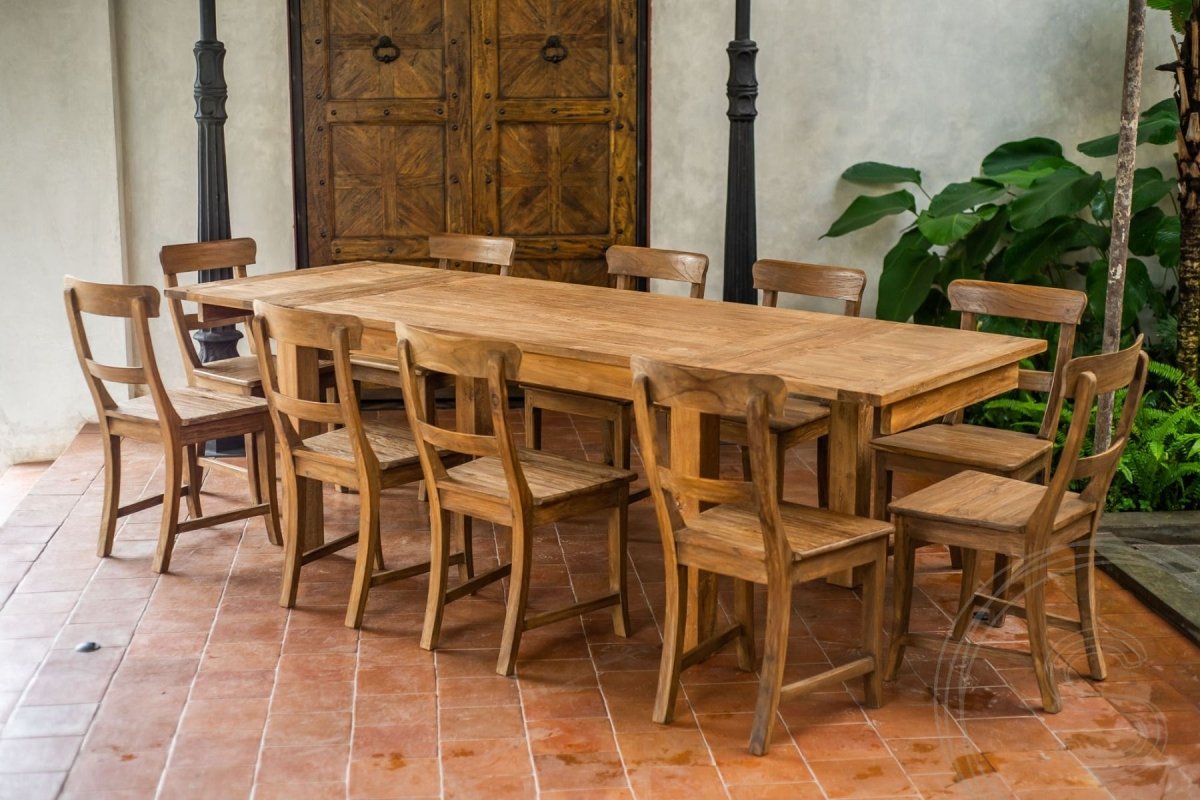Extendable teak table set 160 + 10 chairs