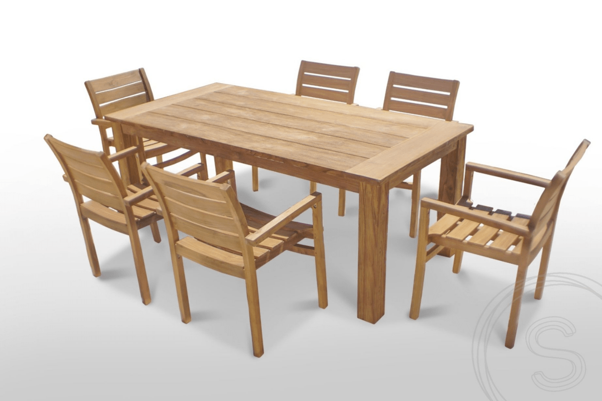 Teak garden table 200 x 90 + 6 garden chairs stacking