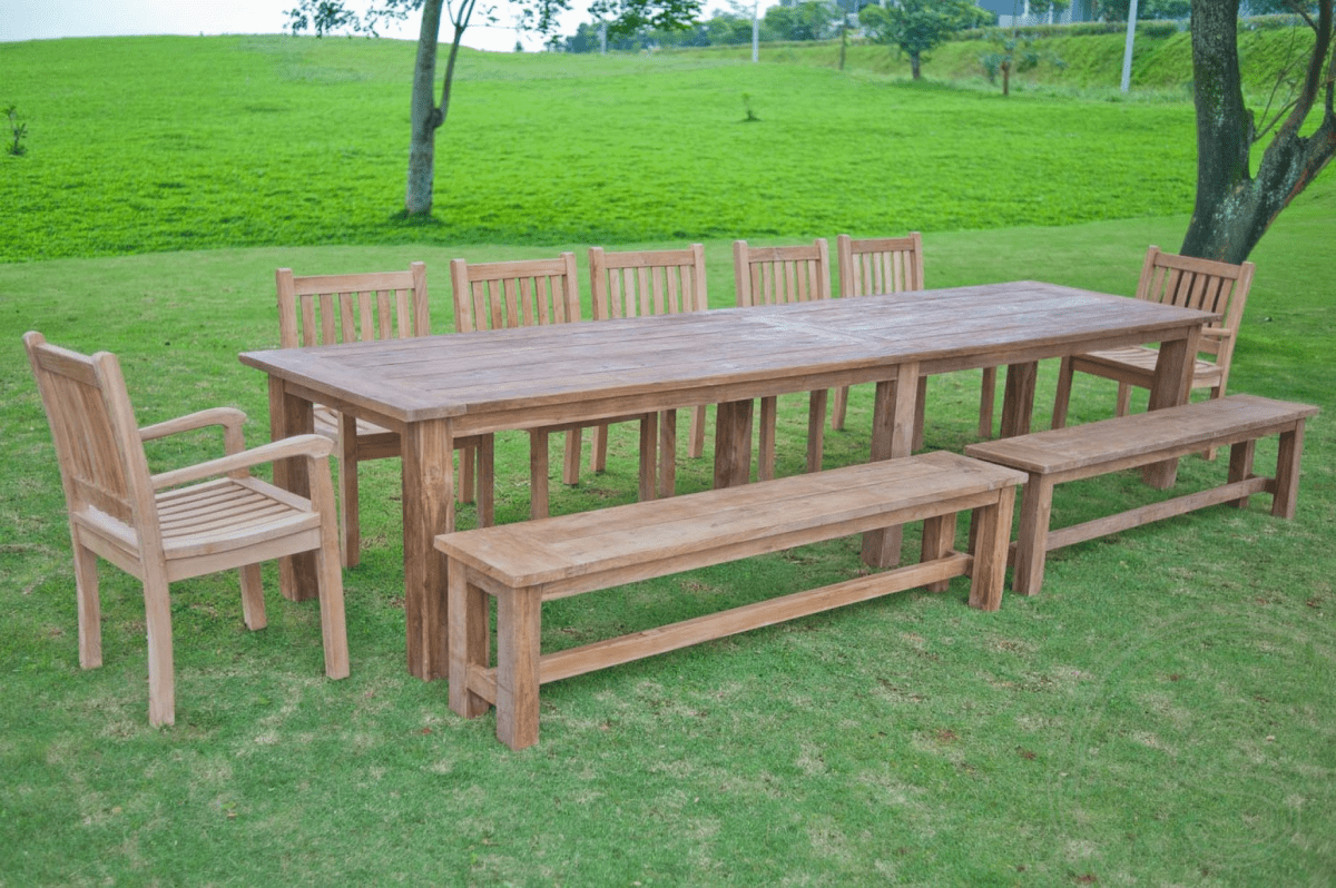Teak garden table 400x100cm + 7 beaufort chairs + 2 benches