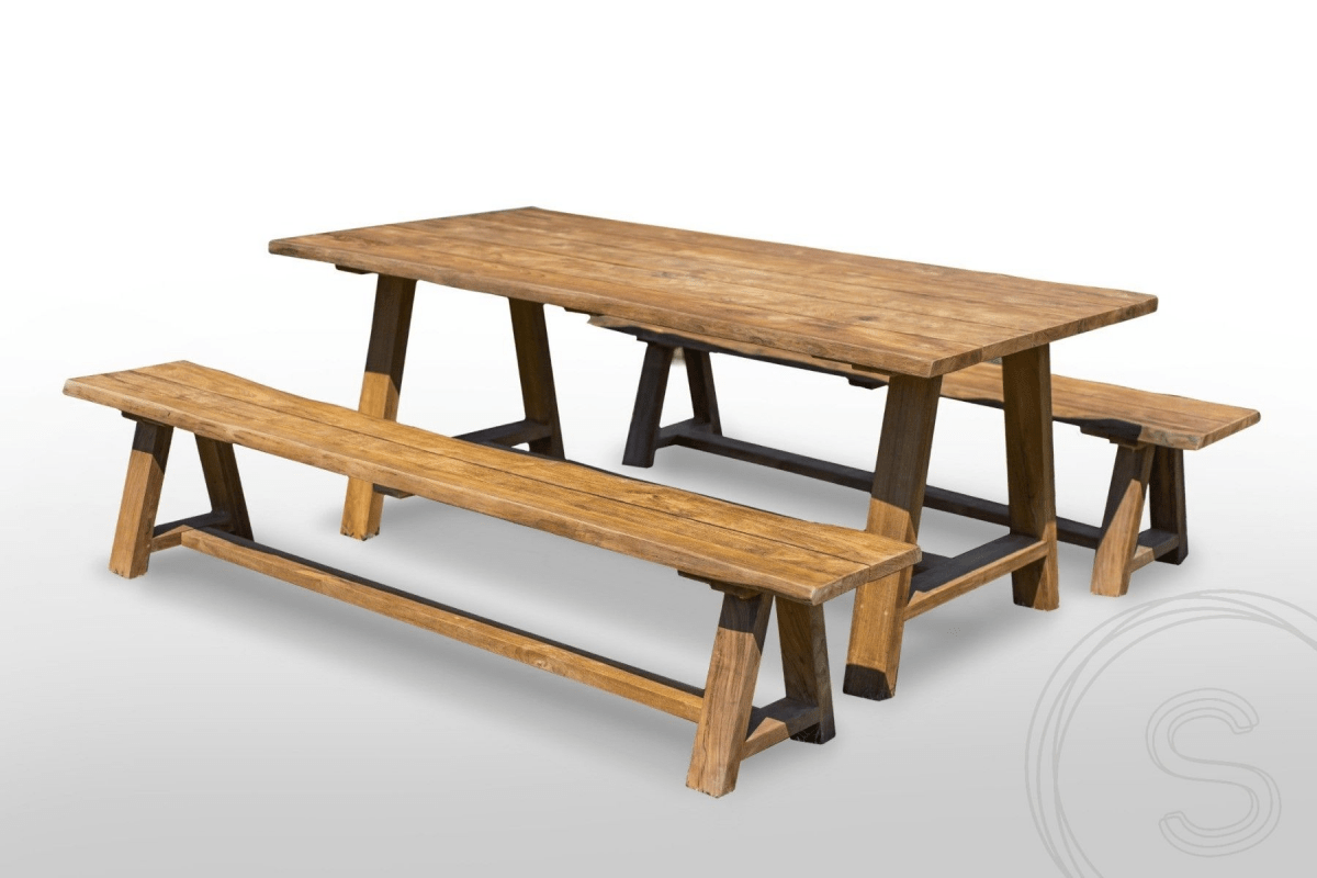 Teak garden table Java 200 x 100 + 2 teak garden benches Java 200