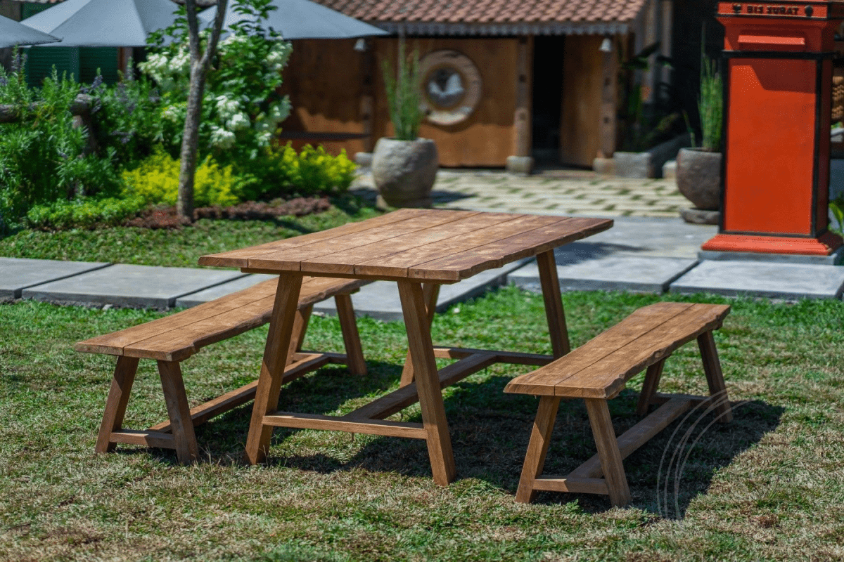 Teak garden table Java 200 x 100 + 2 teak garden benches Java 200