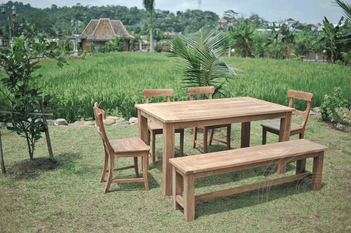 Teak garden table 140x90cm + 4 chairs + bench