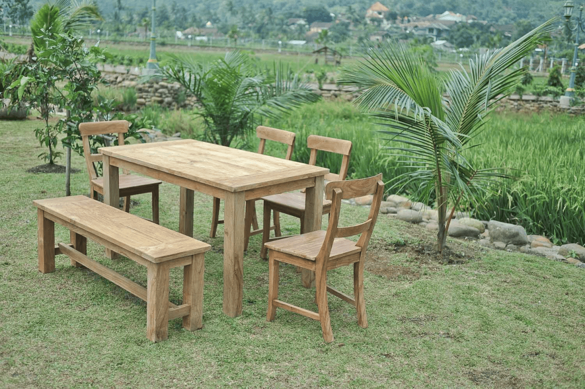 Teak garden table 140x90cm + 4 chairs + bench