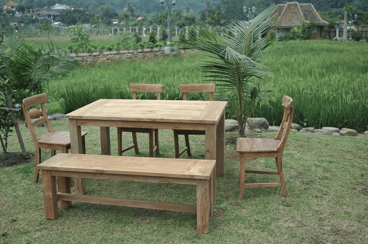 Teak garden table 140x90cm + 4 chairs + bench