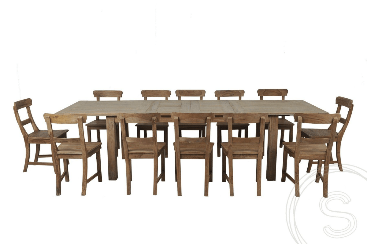 Teak table extendable 200-250-300x100 + 12 chairs