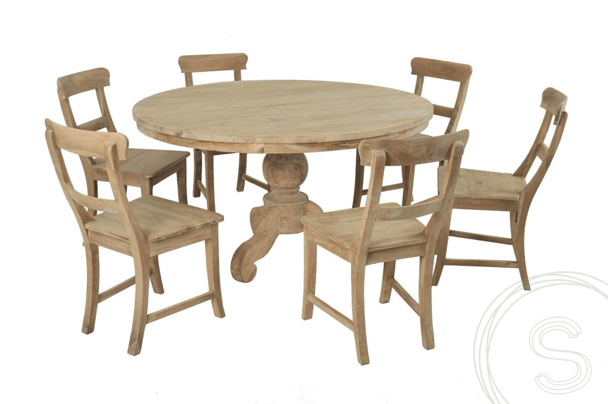 Teak table round 140cm + 6 chairs