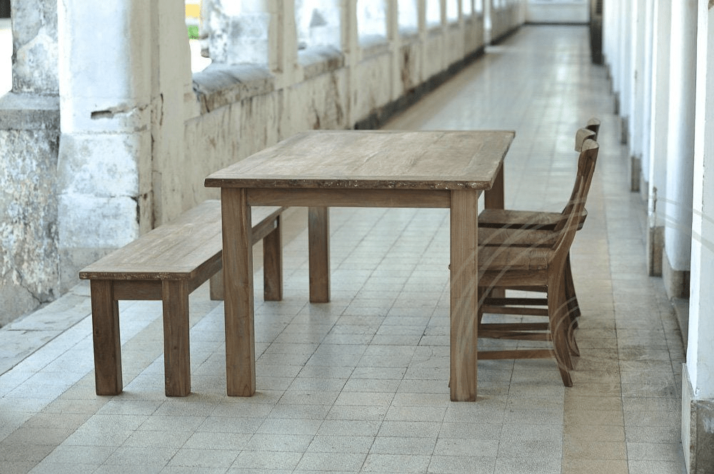 Teak table rustic 200x100 + 3 chairs + bench