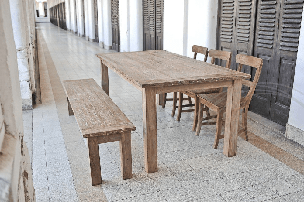 Teak table rustic 200x100 + 3 chairs + bench