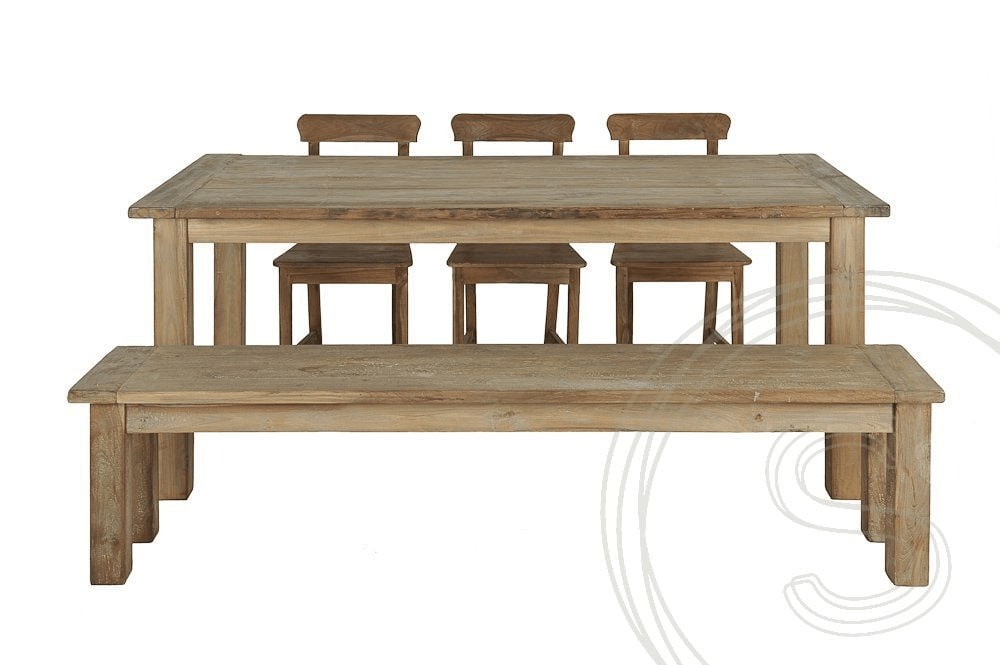 Teak table rustic 200x100 + 3 chairs + bench
