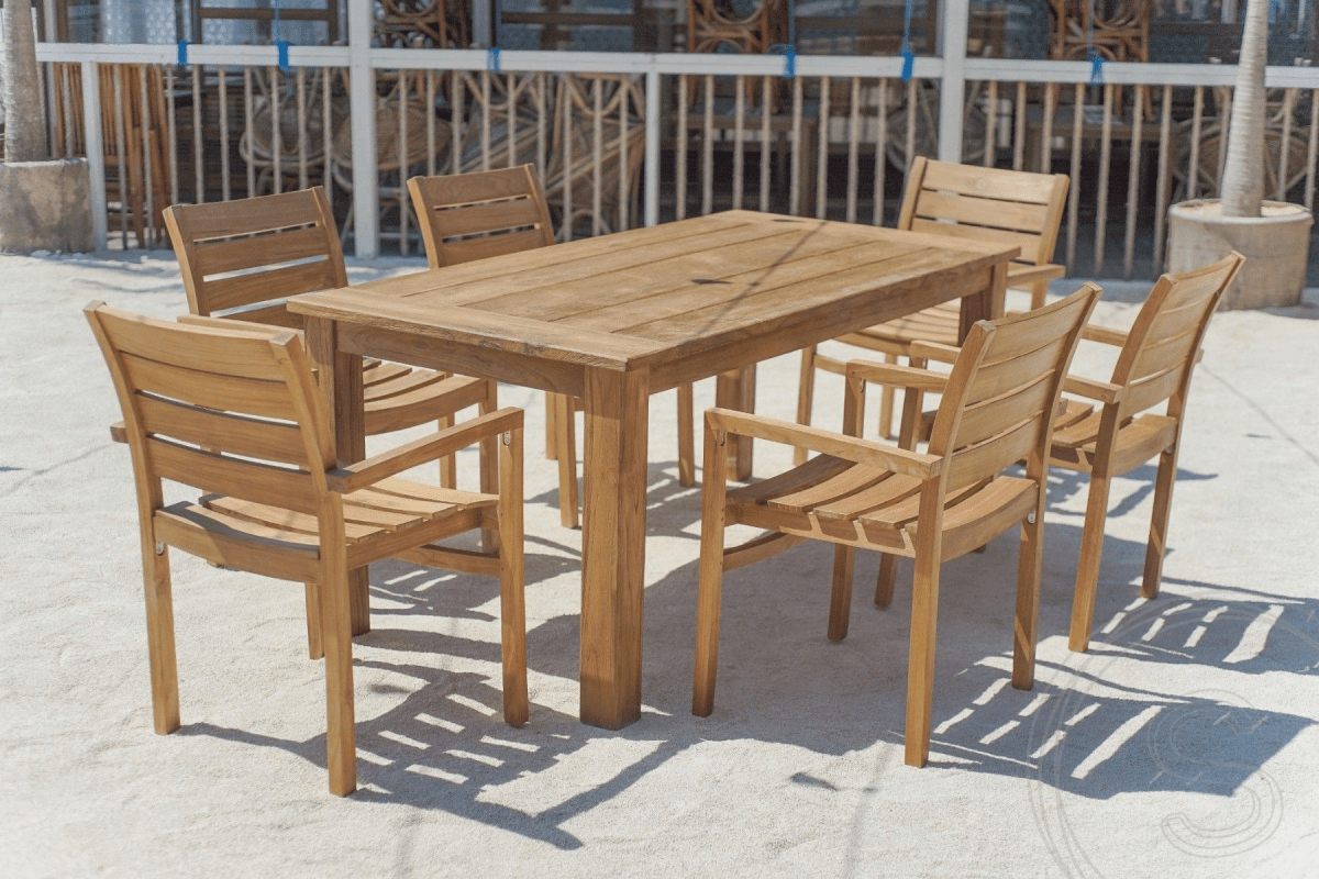 Teak garden table 180 x 90 + 6 garden chairs stacking