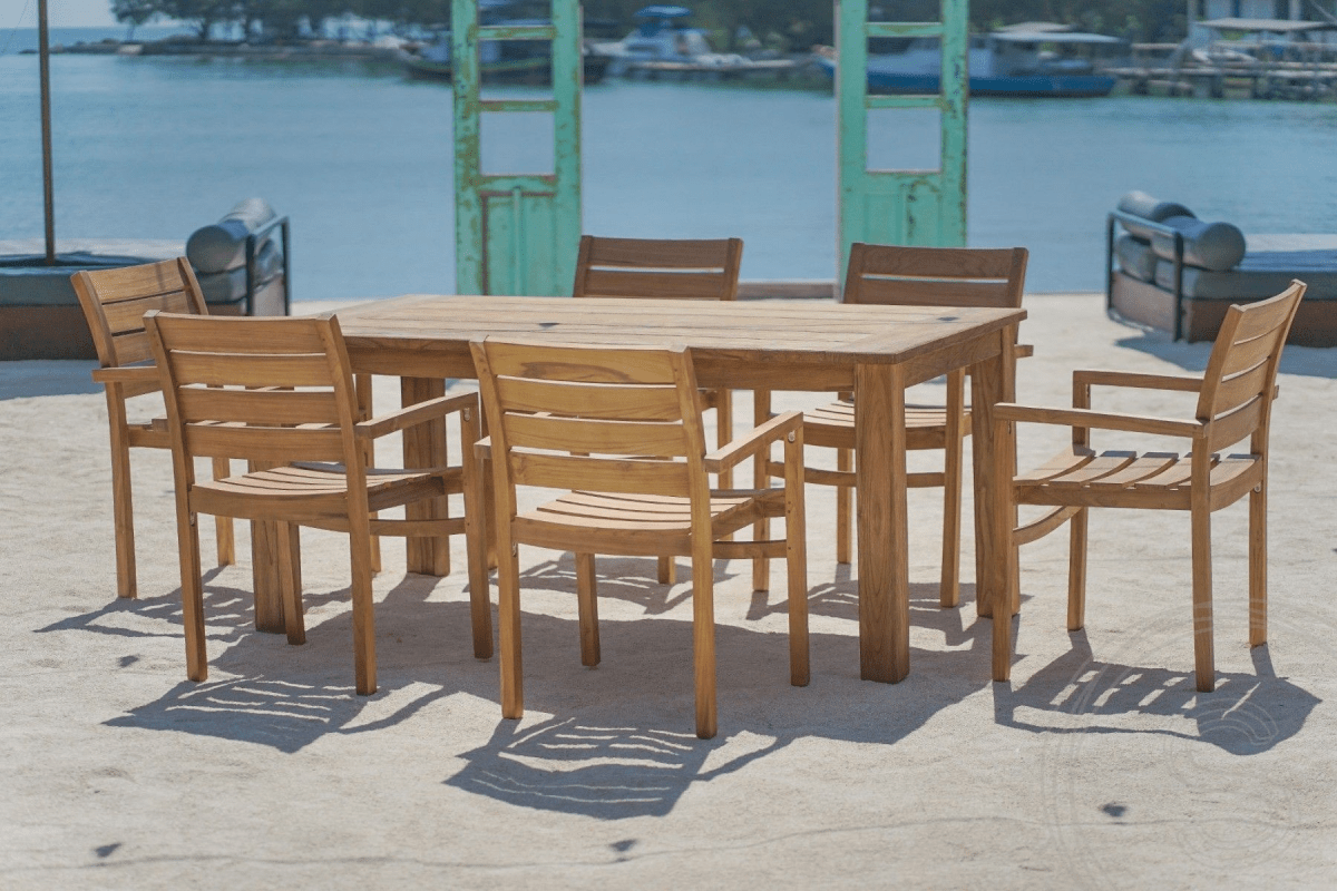Teak garden table 180 x 90 + 6 garden chairs stacking