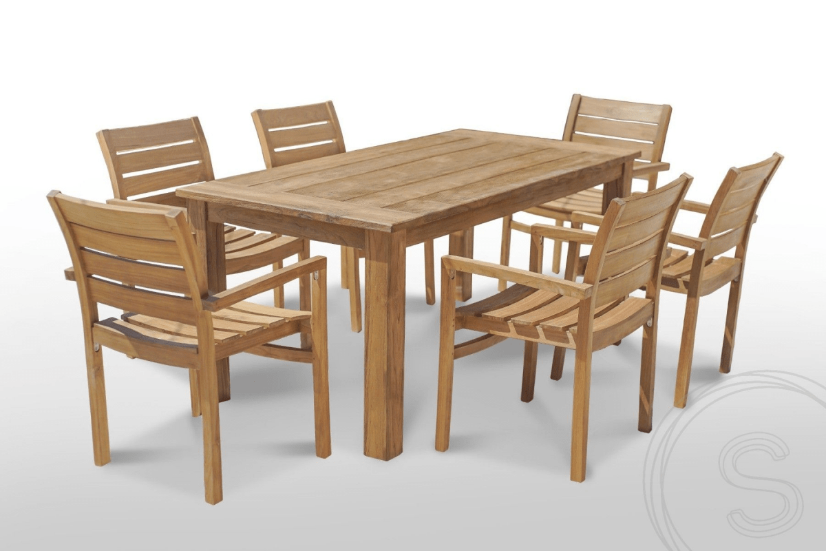 Teak garden table 180 x 90 + 6 garden chairs stacking
