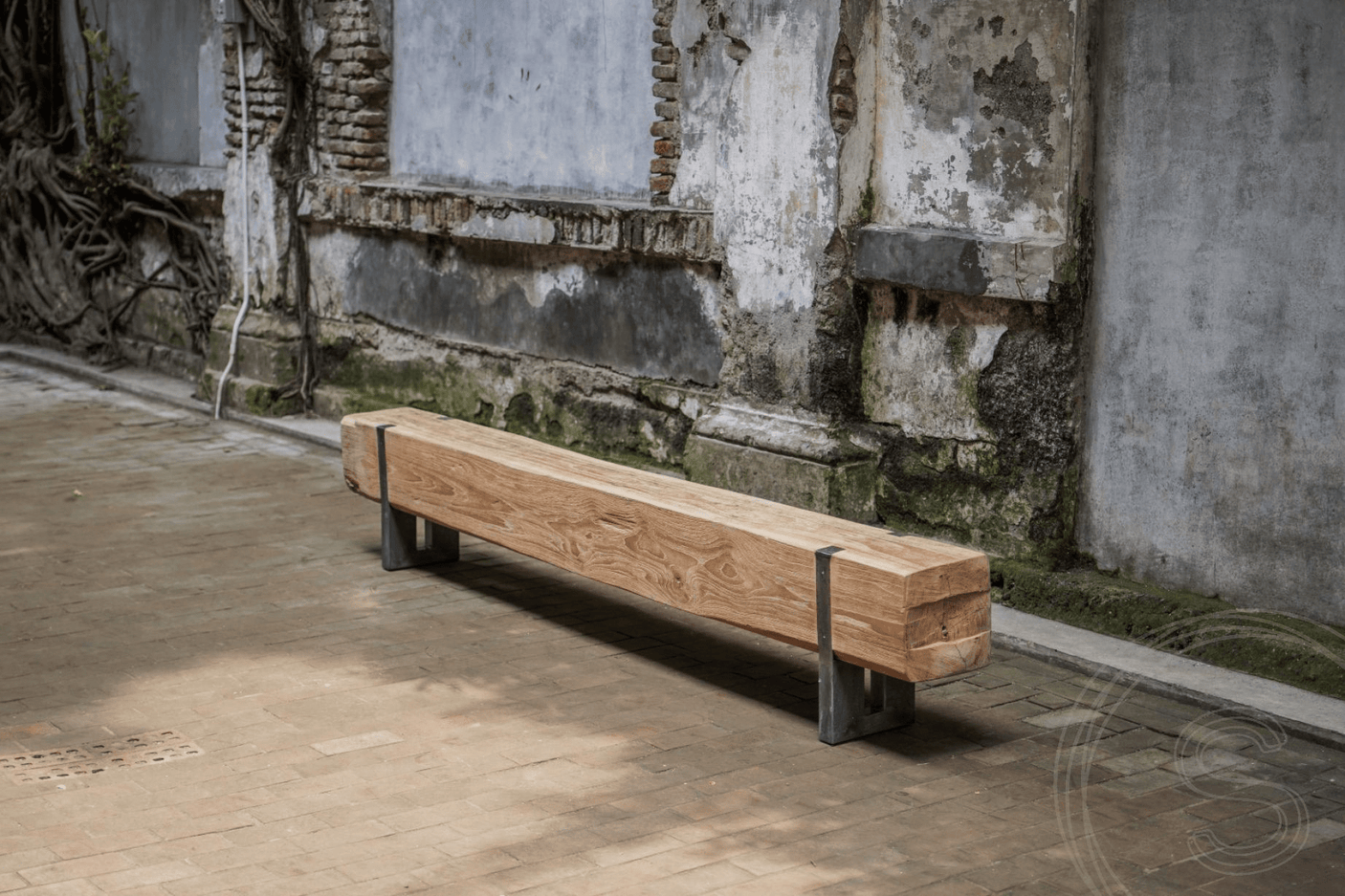 Teak balk bank met staal 265cm - Souren Meubels