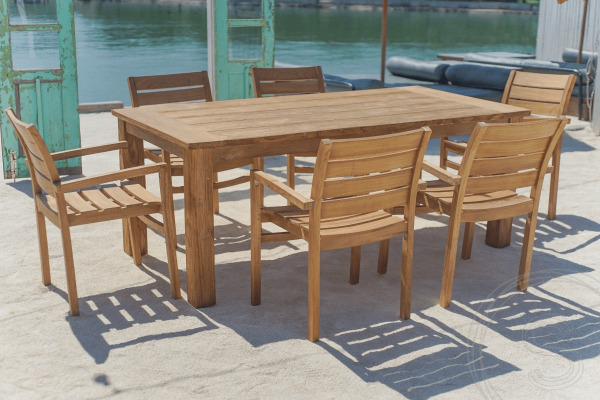 Teak garden table 200 x 100 + 6 garden chairs stacking
