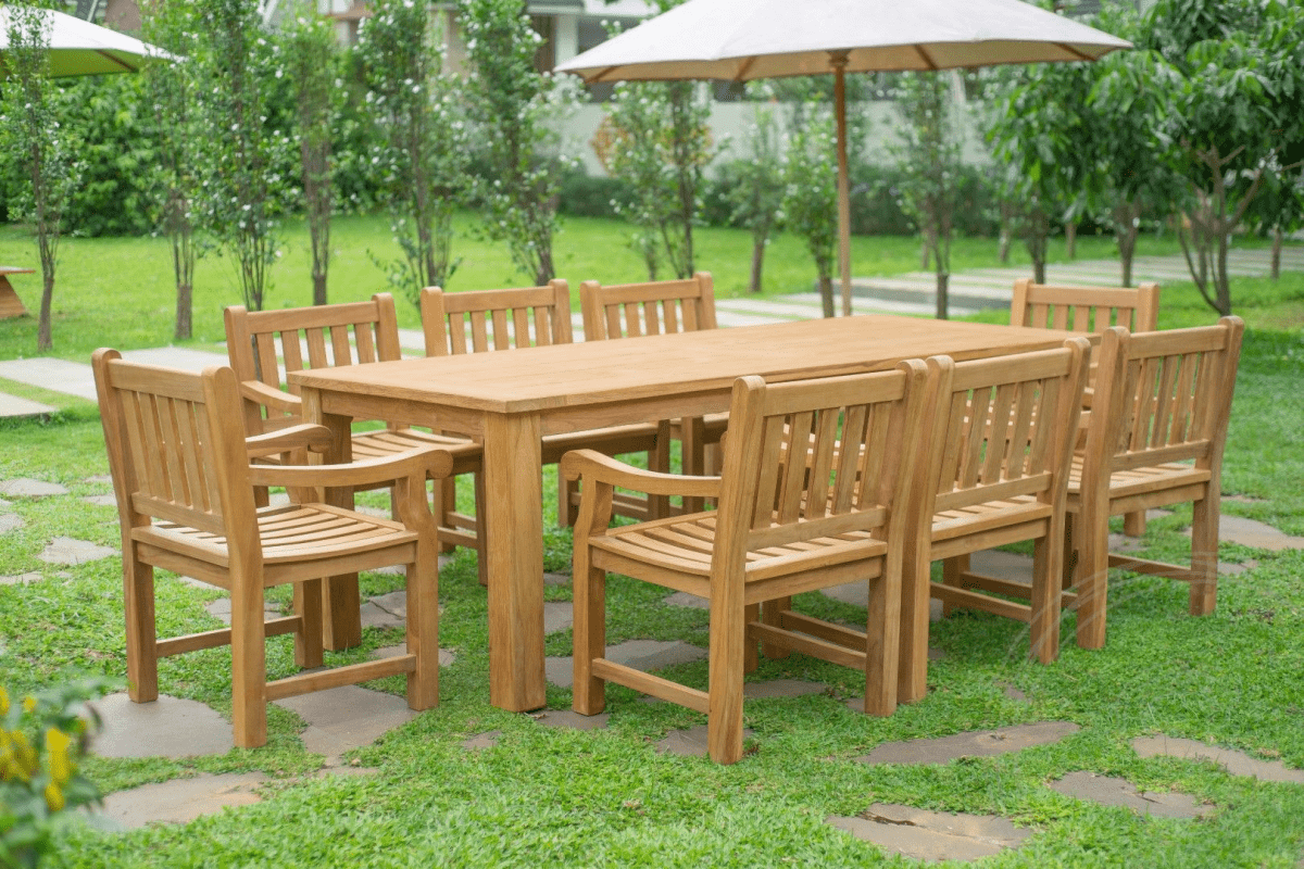 Teak garden table 240 x 100 + 8 garden chairs elephant