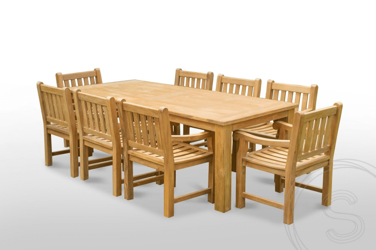 Teak garden table 240 x 100 + 8 garden chairs elephant