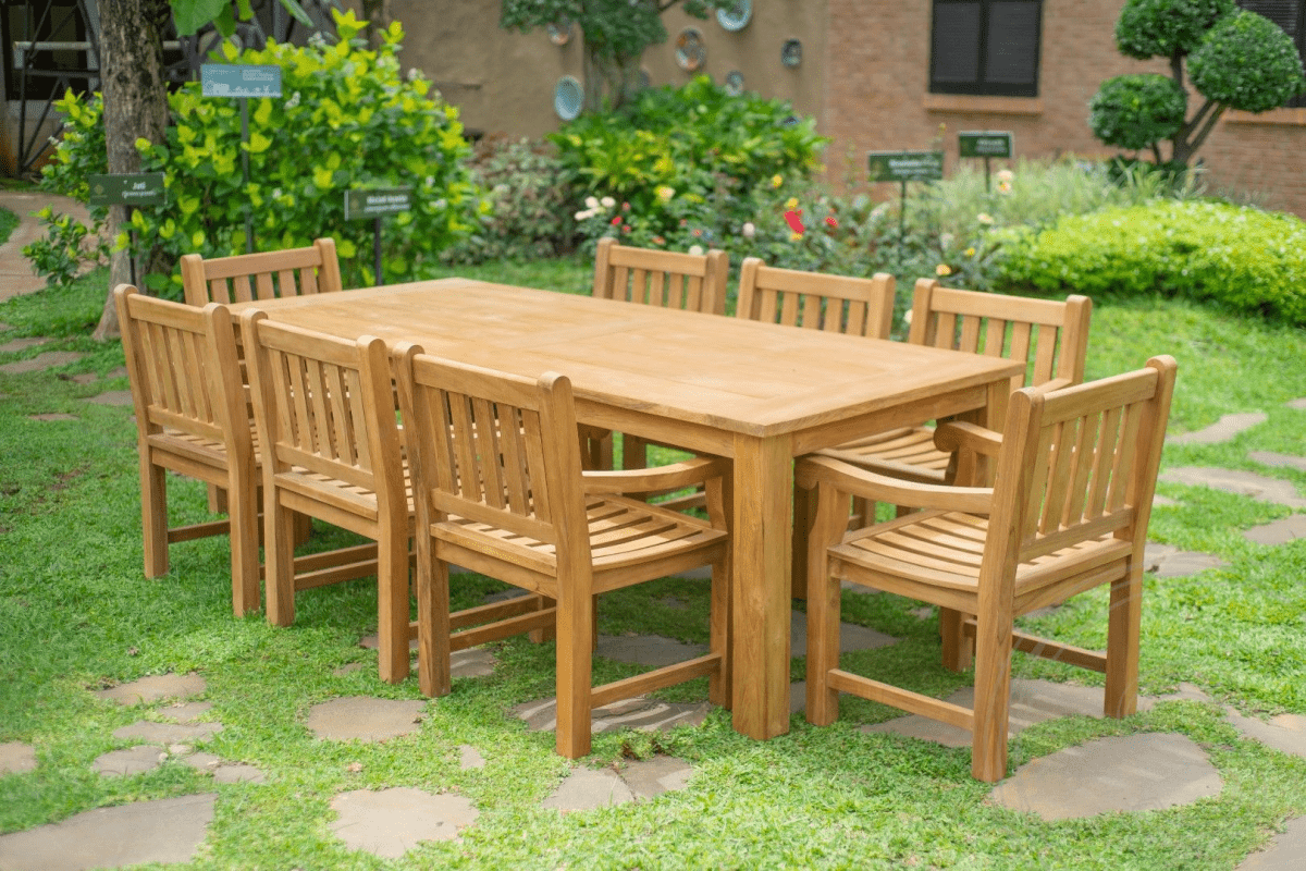 Teak garden table 240 x 100 + 8 garden chairs elephant
