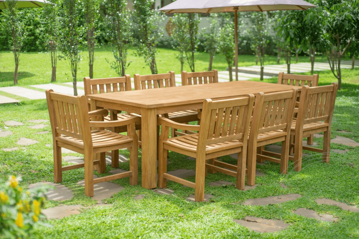 Teak garden table 240 x 100 + 8 garden chairs elephant