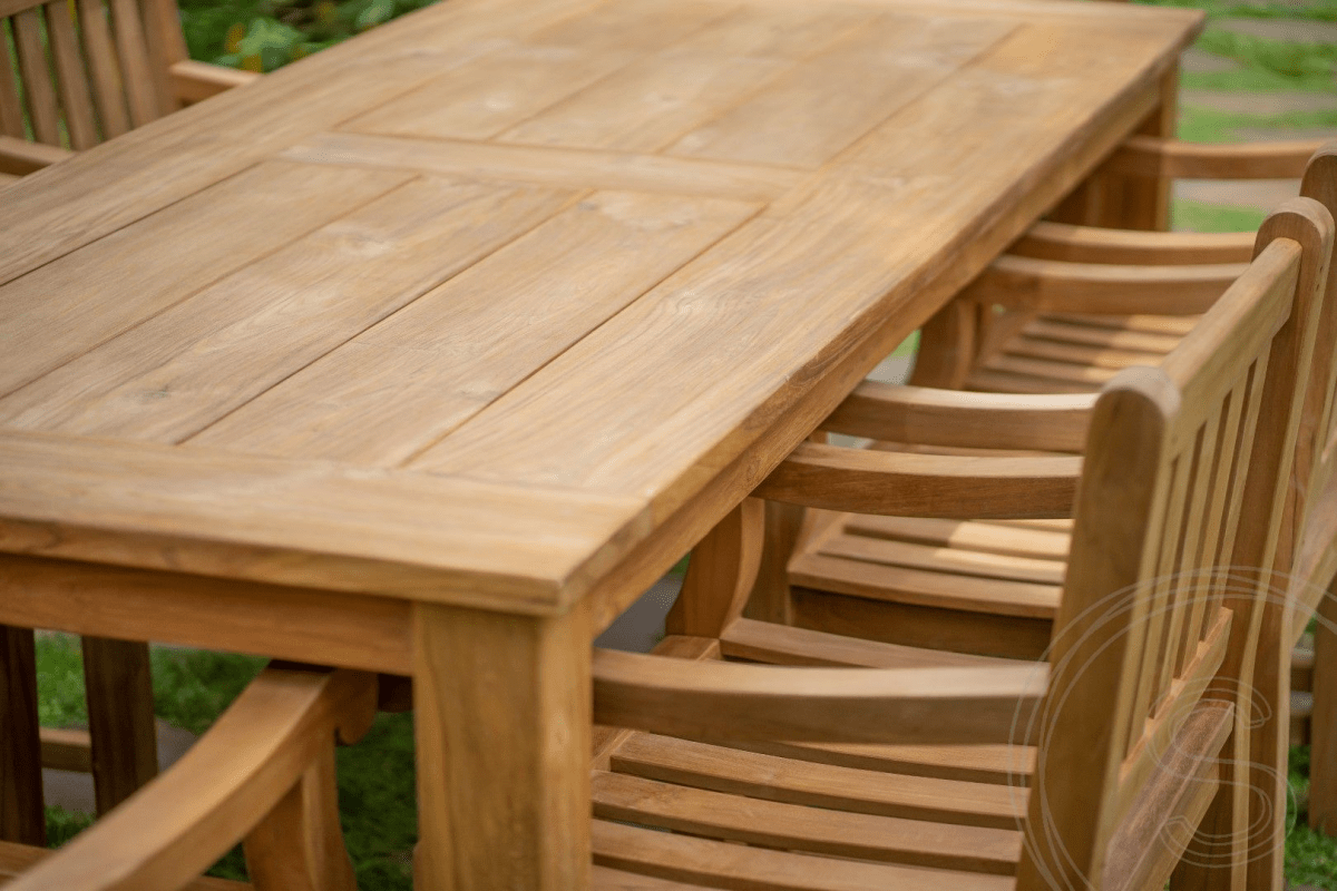 Teak garden table 260 x 100 + 8 garden chairs elephant