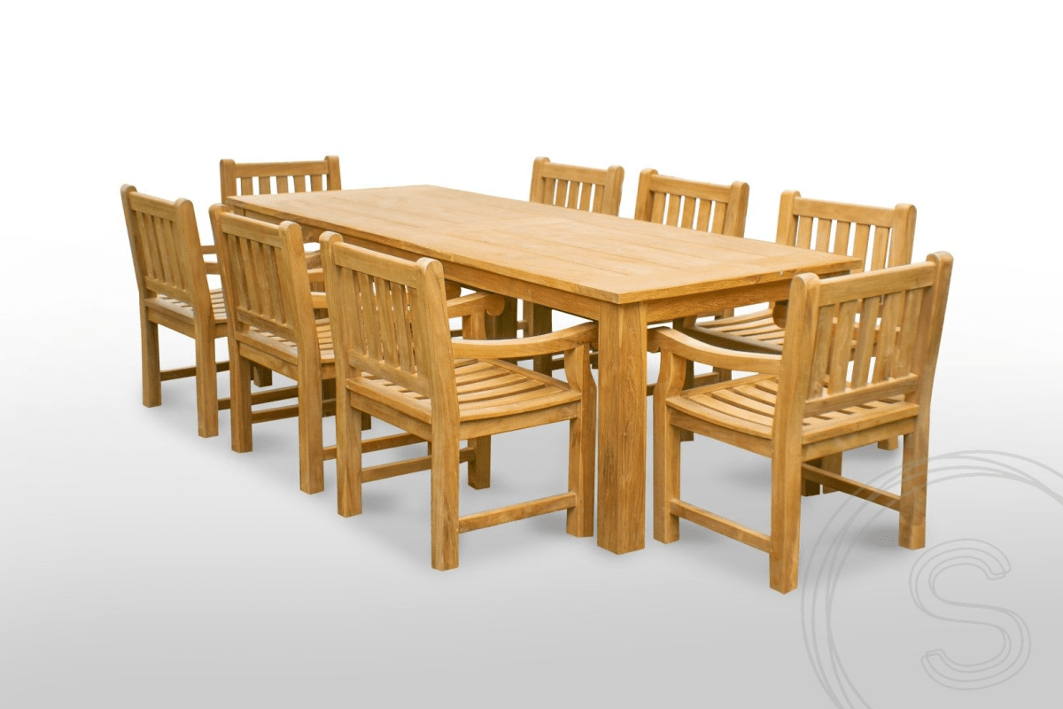 Teak garden table 260 x 100 + 8 garden chairs elephant