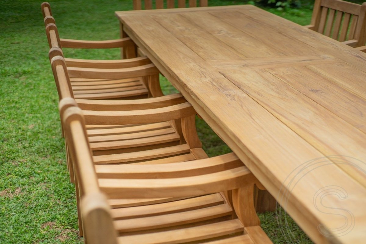 Teak garden table 280 x 100 + 10 garden chairs elephant