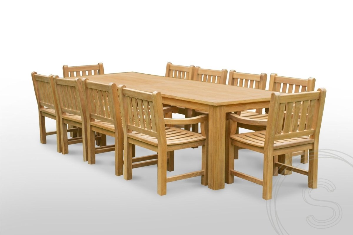 Teak garden table 280 x 100 + 10 garden chairs elephant