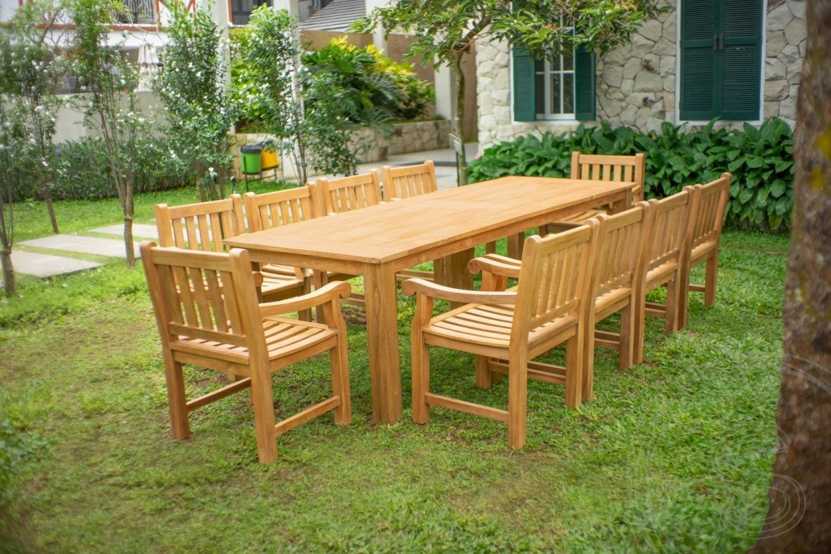 Teak garden table 280 x 100 + 10 garden chairs elephant