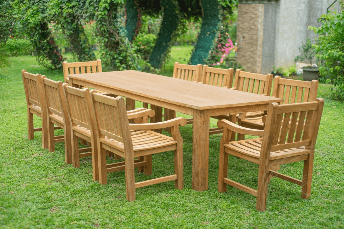 Teak garden table 300 x 100 + 10 garden chairs elephant
