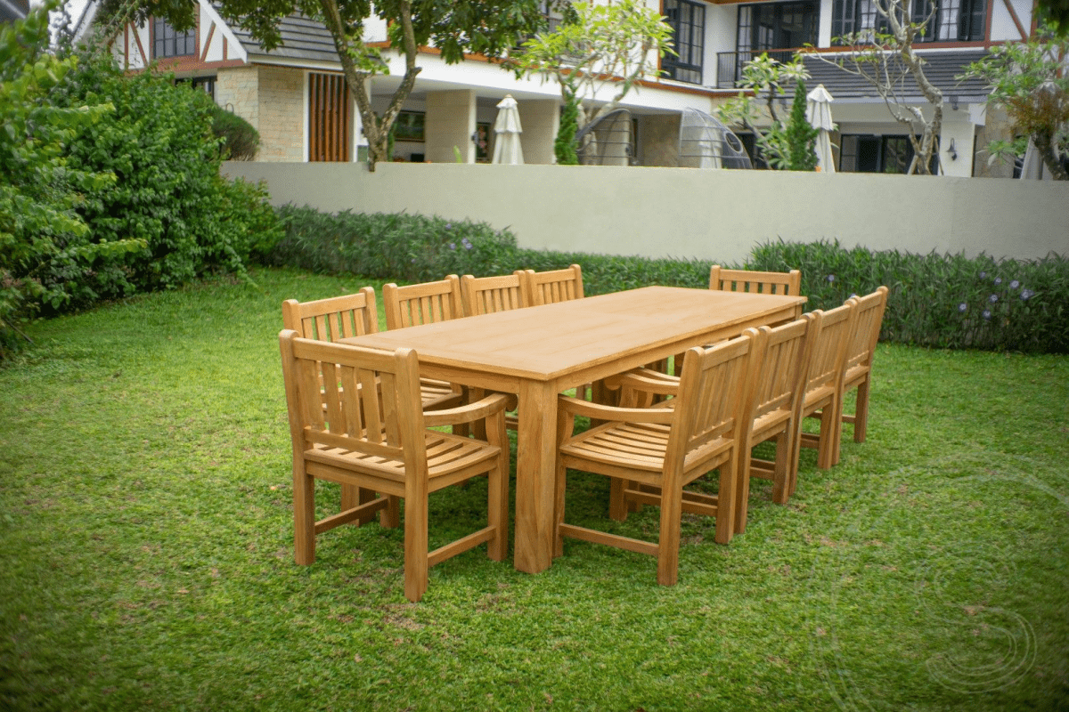 Teak garden table 300 x 100 + 10 garden chairs elephant