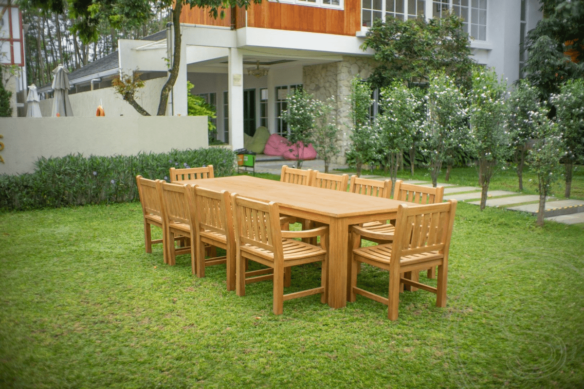 Teak garden table 300 x 100 + 10 garden chairs elephant