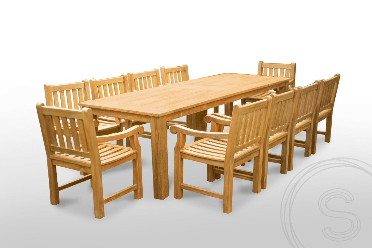 Teak garden table 300 x 100 + 10 garden chairs elephant