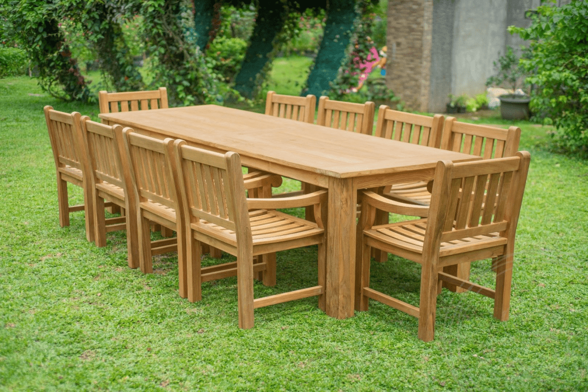 Teak garden table 300 x 100 + 10 garden chairs elephant