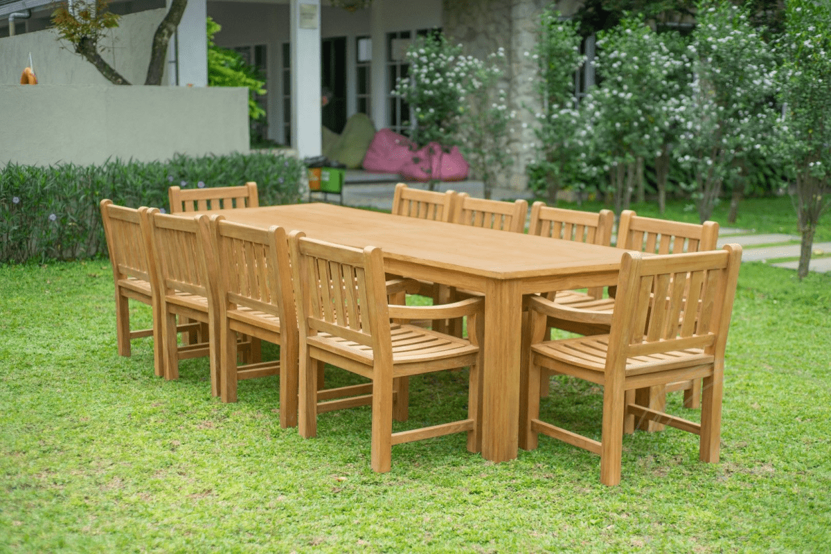 Teak garden table 300 x 100 + 10 garden chairs elephant