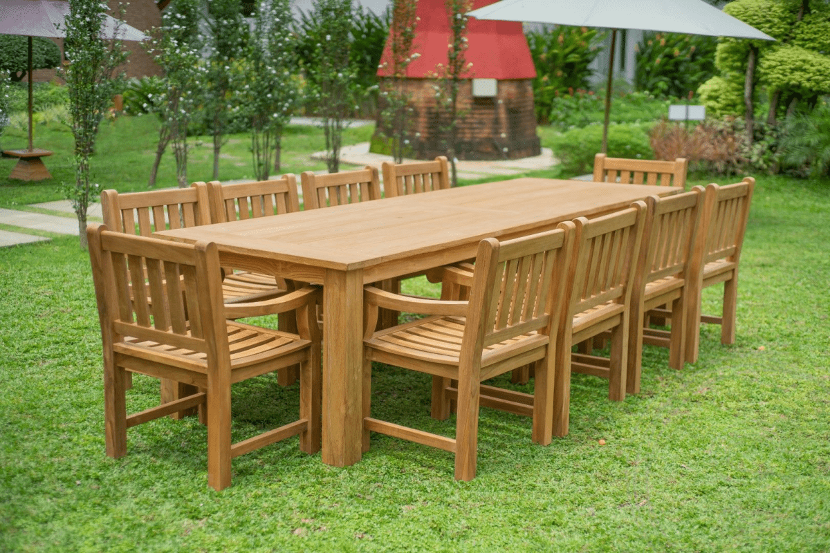 Teak garden table 300 x 100 + 10 garden chairs elephant