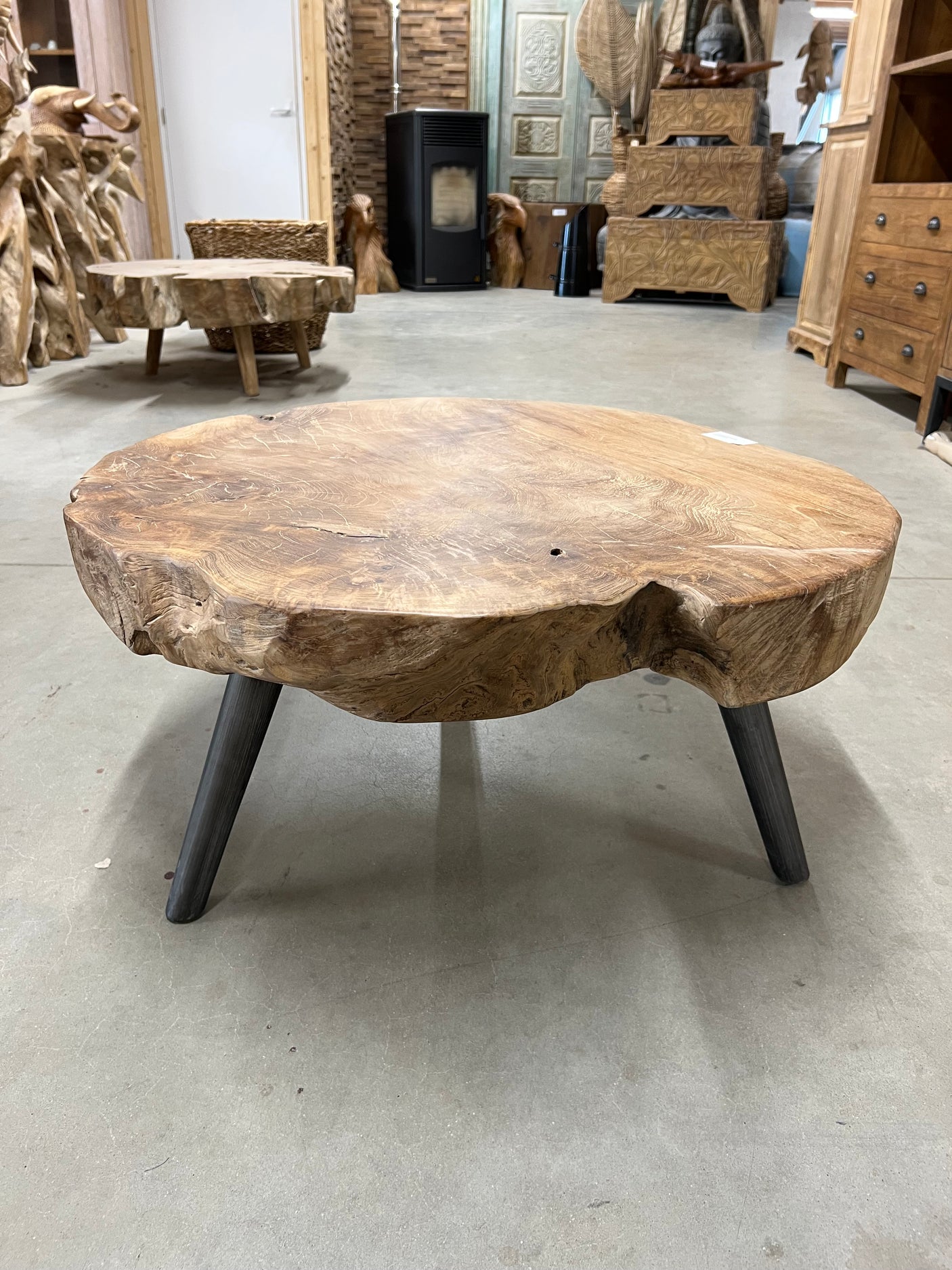 Teak coffee table steel base 80cm diameter - 80x80x40cm