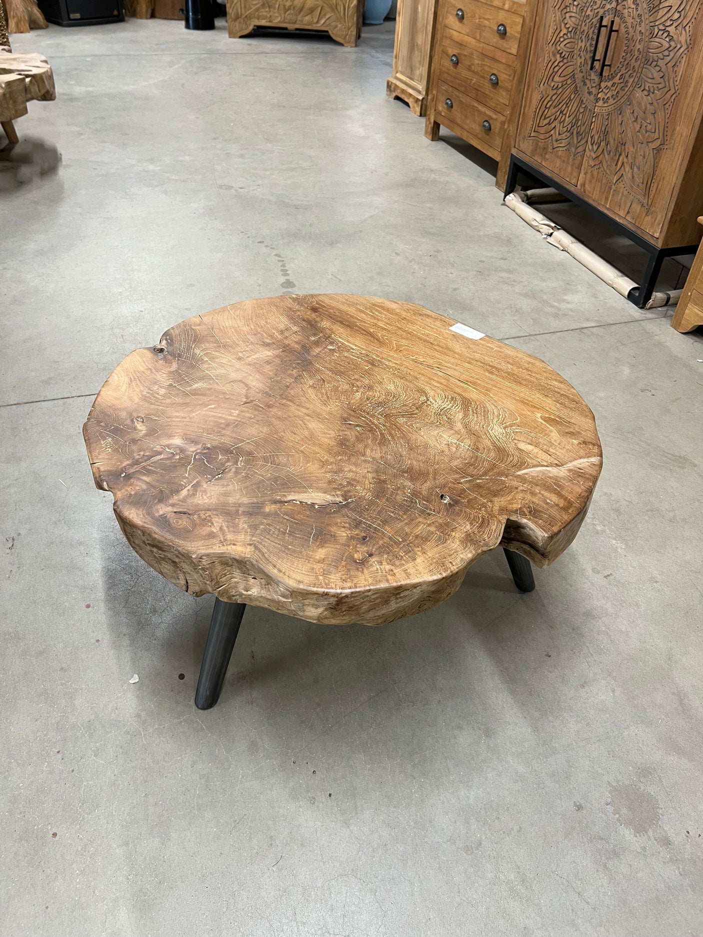 Teak coffee table steel base 80cm diameter - 80x80x40cm