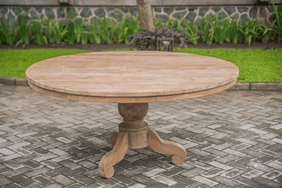 Round teak table 160 rustic + 8 chairs