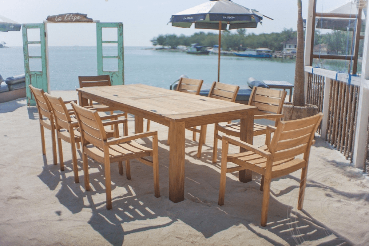 Teak garden table 240 x 100 + 8 garden chairs stacking