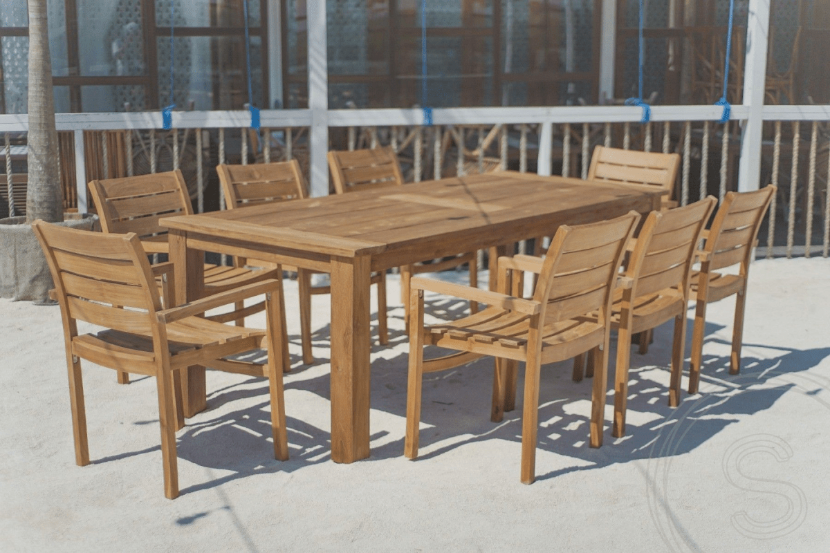 Teak garden table 240 x 100 + 8 garden chairs stacking