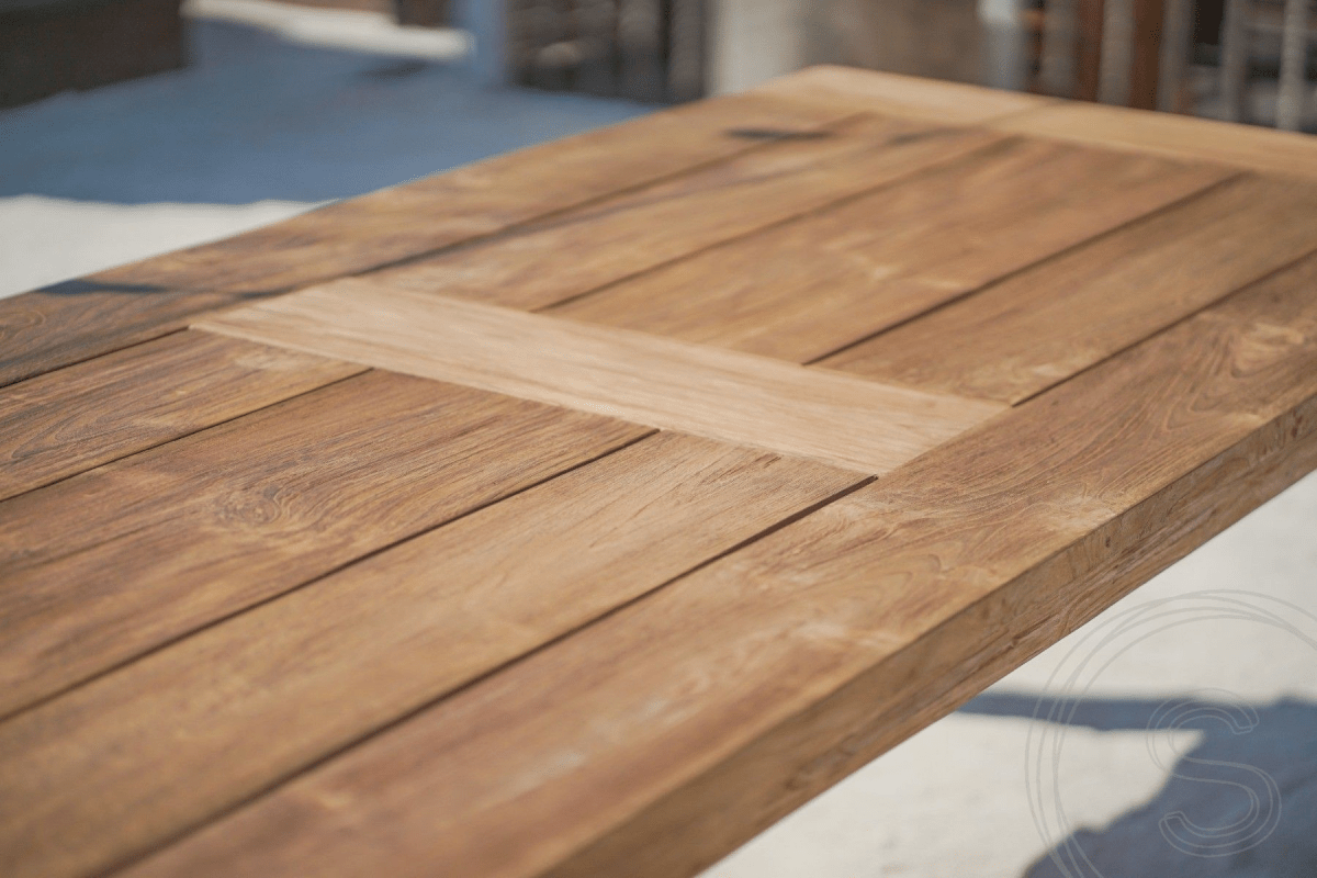 Teak garden table 260 x 100 + 8 garden chairs stacking