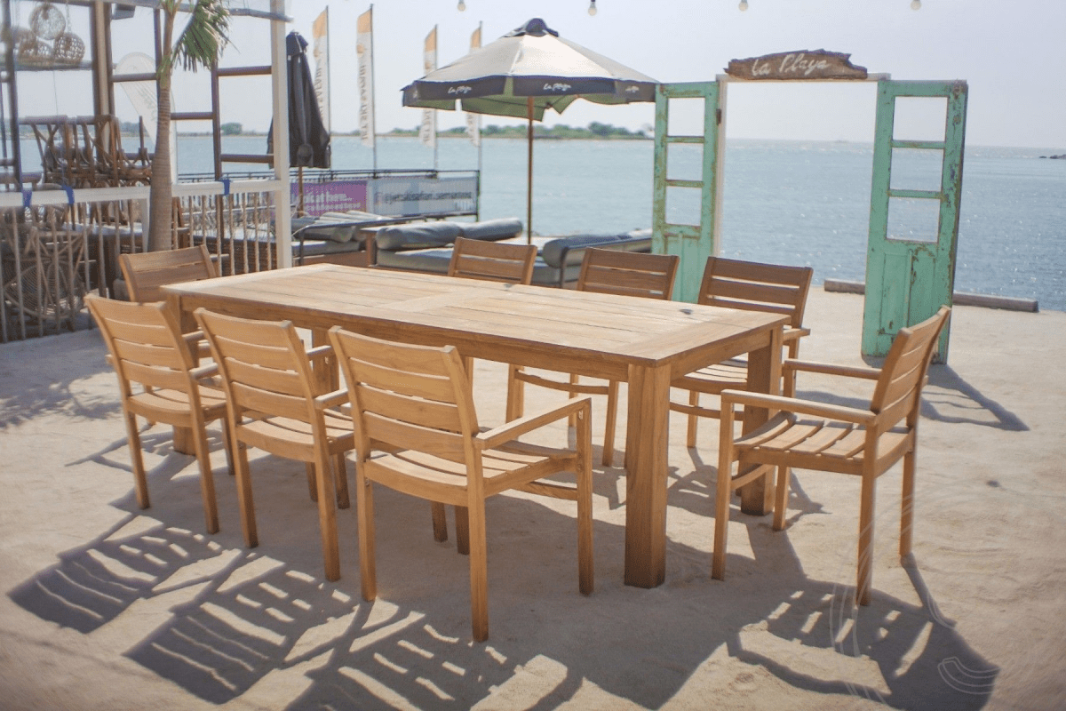 Teak garden table 260 x 100 + 8 garden chairs stacking