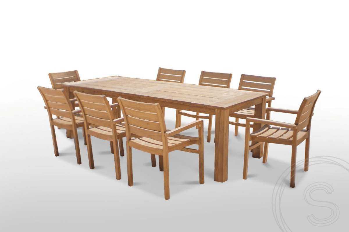 Teak garden table 260 x 100 + 8 garden chairs stacking