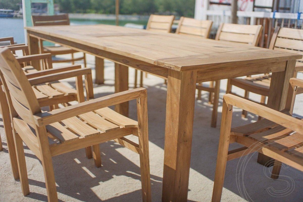 Teak garden table 280 x 100 + 10 garden chairs stacking