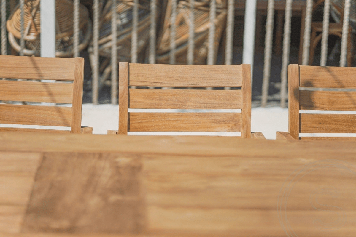 Teak garden table 280 x 100 + 10 garden chairs stacking