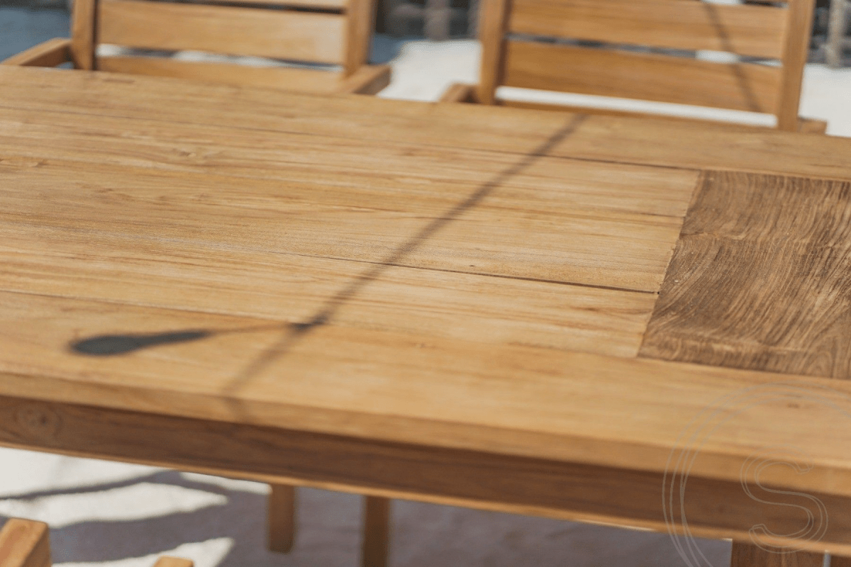Teak garden table 280 x 100 + 10 garden chairs stacking