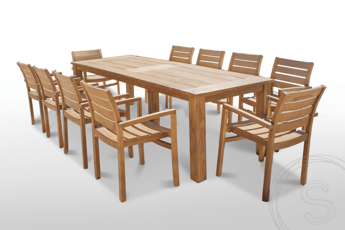 Teak garden table 280 x 100 + 10 garden chairs stacking