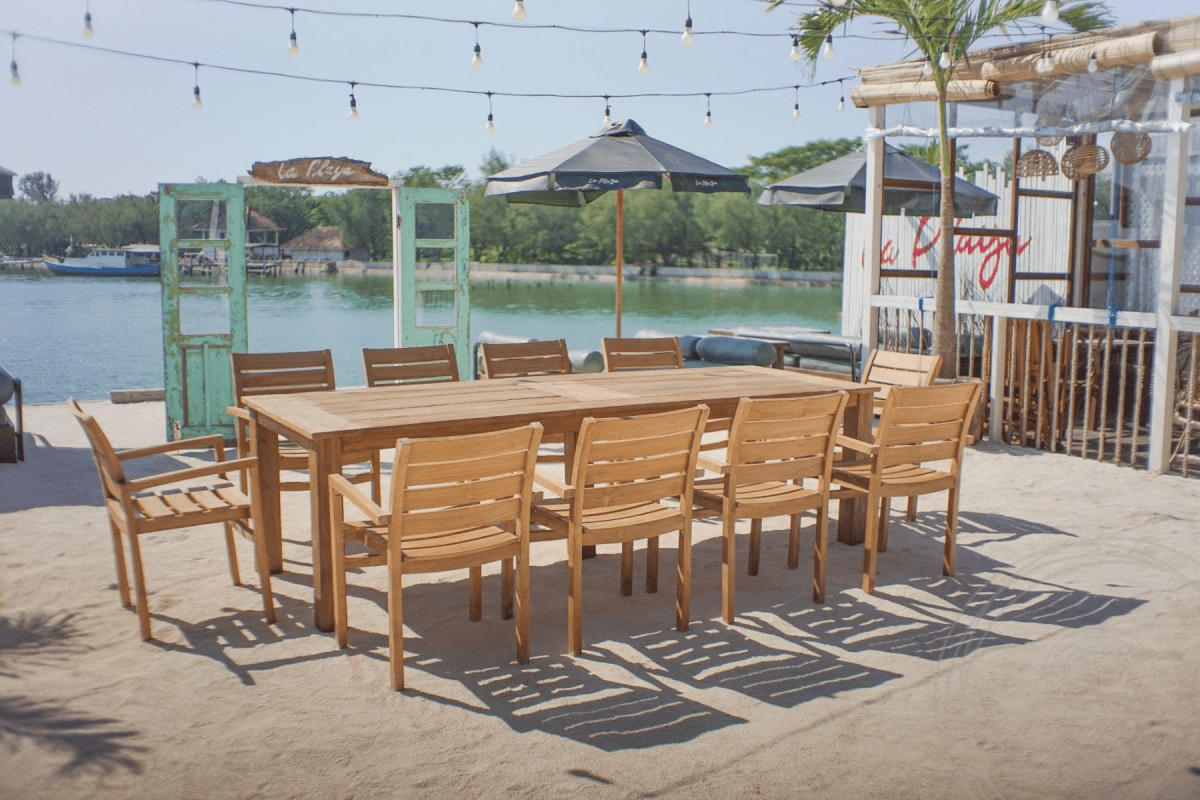 Teak garden table 280 x 100 + 10 garden chairs stacking
