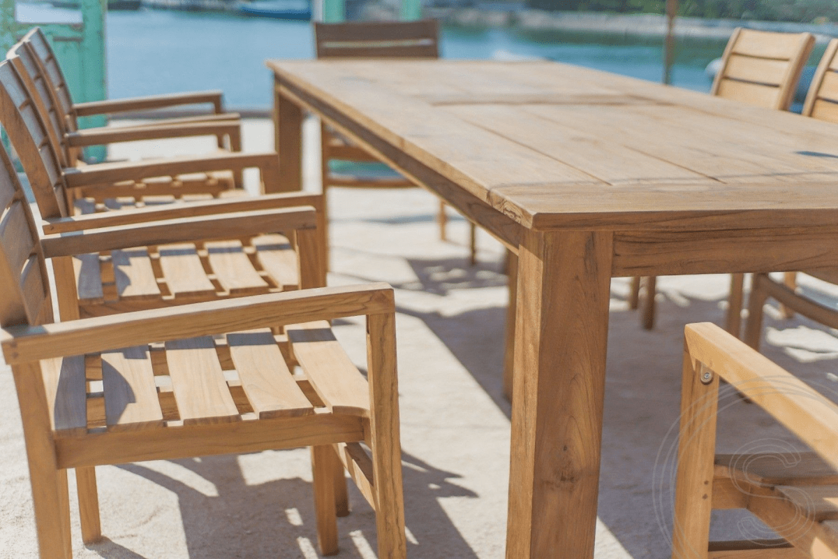 Teak garden table 300 x 100 + 10 garden chairs stacking